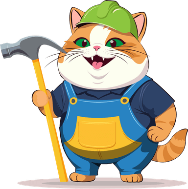 A cartoonish overweight tabby cat wearing a construction hat and holding a large hammer.